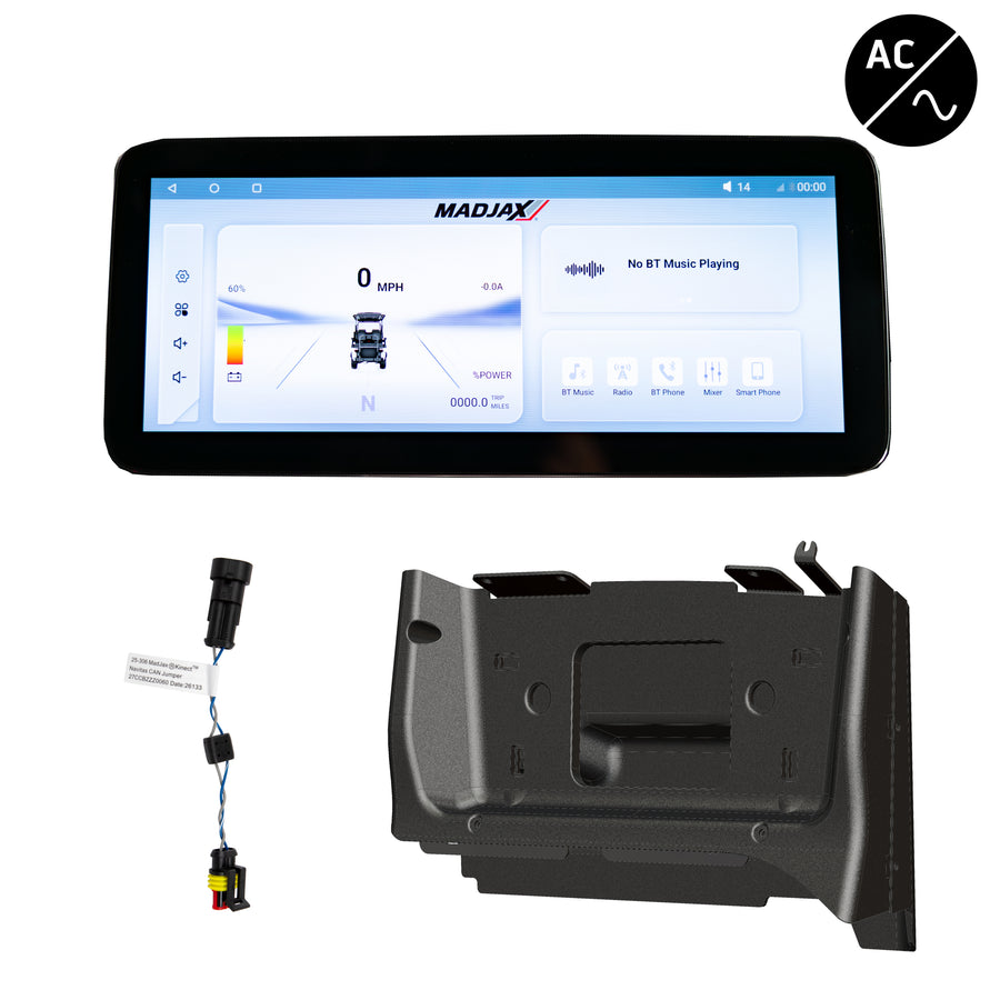 MadJax Kinect display screen kit for Club Car Precedent, Tempo, Onward with Navitas TAC2; shows the installed screen and wiring.
