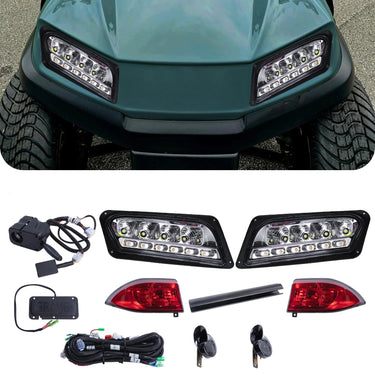 Rainier Parts Club Car Tempo LED high low beam light kit with brake pad for golf carts, suitable for 12V to 48V electrical systems.