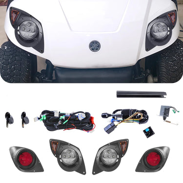 Rainier Parts Yamaha Drive golf cart LED deluxe light kit installed, showing bright LED lights and wiring for 12 to 48 volt systems.