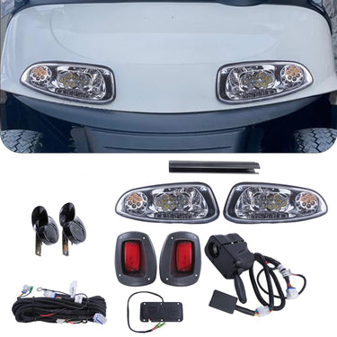 Rainier Parts LED golf cart light kit with hi/low beams for EZ GO RXV models pre-2015, includes rain-resistant components.