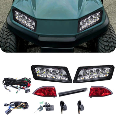 Rainier Parts Club Car Tempo LED Deluxe Light Kit installed on a golf cart, featuring bright, energy-efficient lighting for Tempo models.