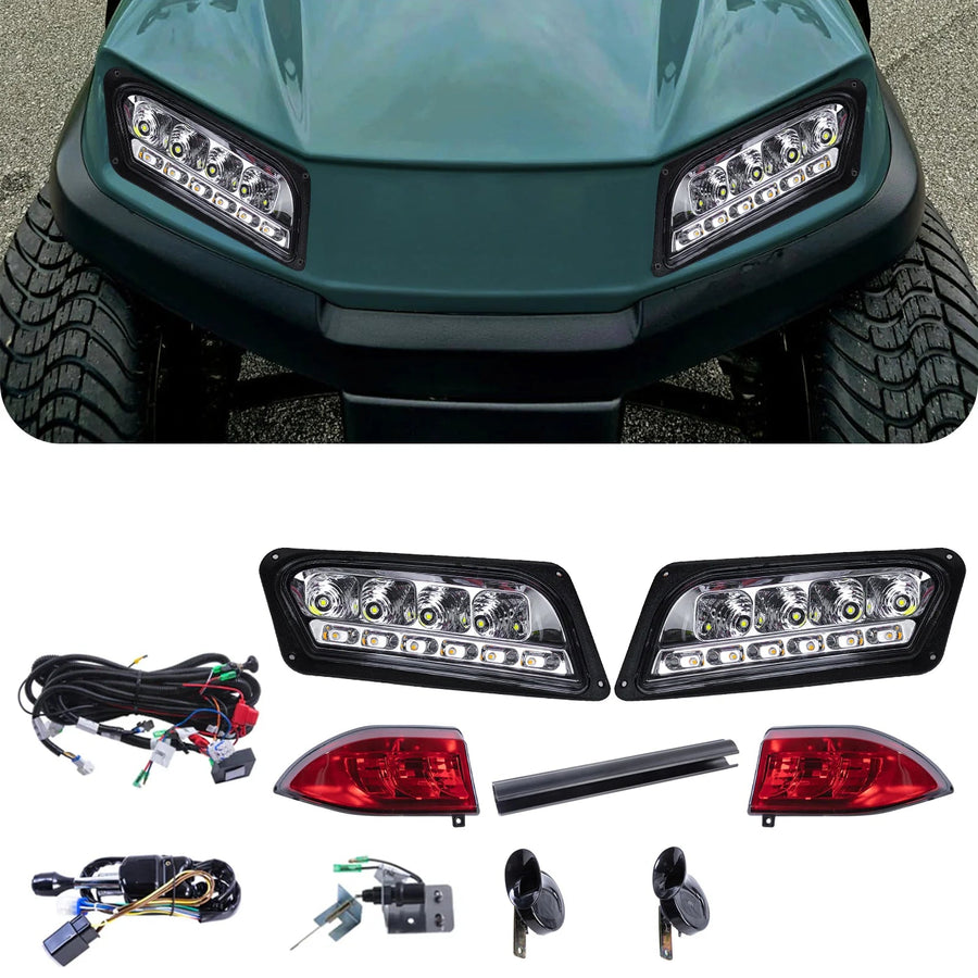 Rainier Parts Club Car Tempo LED Deluxe Light Kit installed on a golf cart, showcasing bright, energy-efficient lighting for Tempo models.