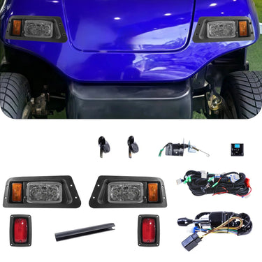 Rainier Parts LED Deluxe Light Kit for Yamaha G-22 golf cart, 12-48 volt, with headlights and taillights installed on golf cart.