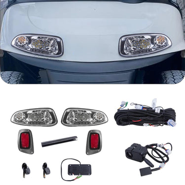 Rainier Parts EZ-GO RXV 2016 LED high low beam light kit with brake pad for 12-48V golf carts, includes rain cover and wiring.