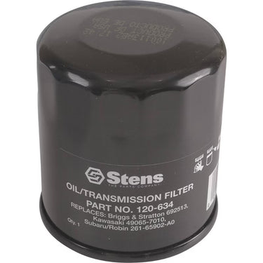 Stens Kawasaki oil filter 120-634, premium replacement for Kawasaki engines, with metal casing and filter element visible.