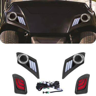 Rainier Parts Yamaha Drive2 LED light kit installed on a golf cart, bright 12 to 48V lighting system for enhanced visibility.