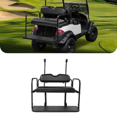 Rainier Parts premium black flip seat kit for Club Car TEMPO Precedent golf cart rear seat, durable and comfortable for golf cart enthusiasts.
