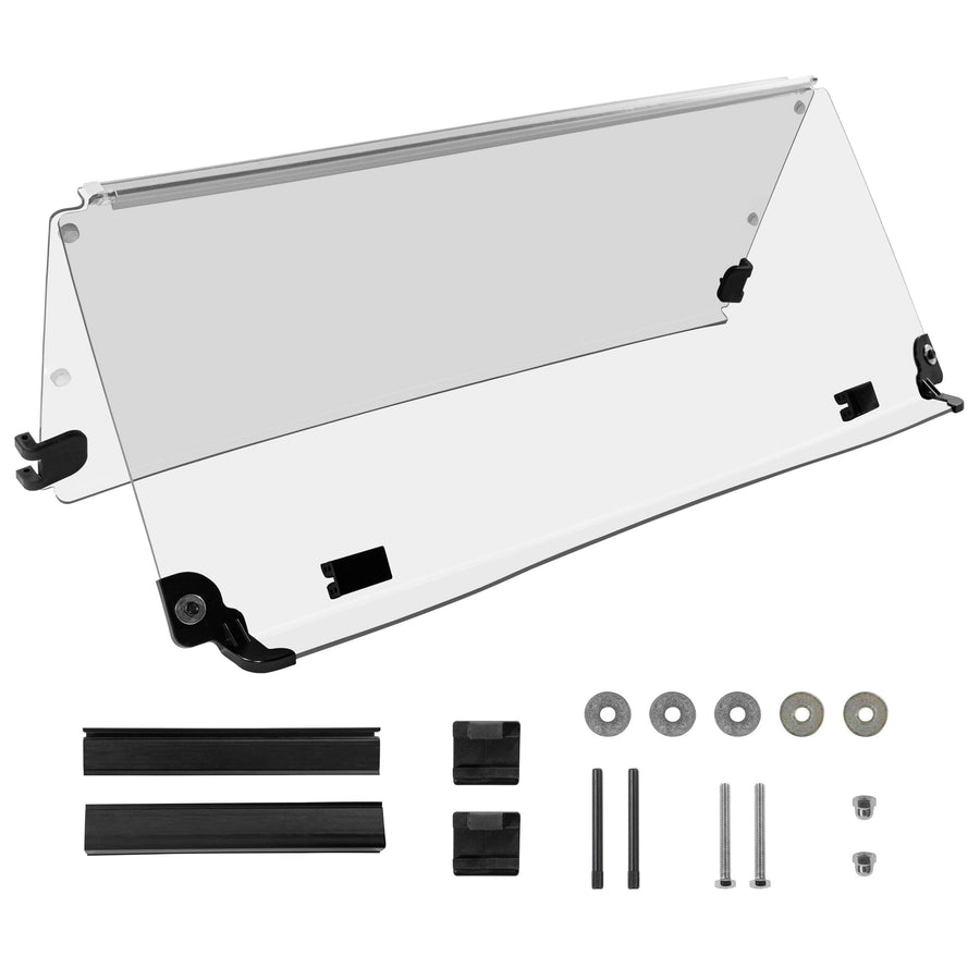 Rainier Parts golf cart windshield for Club Car Tempo Precedent, clear folding PMMA windshield with mounting brackets.