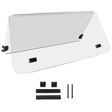 Clear Yamaha G22 Golf Cart windshield by Rainier Parts, made of PMMA, shown folded with mounting brackets visible.