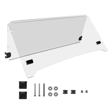 Rainier Parts Yamaha Drive2 folding windshield made of clear PMMA with adjustable wings for golf carts.