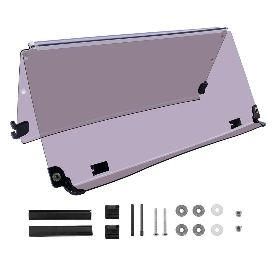 Rainier Parts Yamaha G29 golf cart windshield with tinted PMMA UV-stabilized winged design, foldable for easy storage.