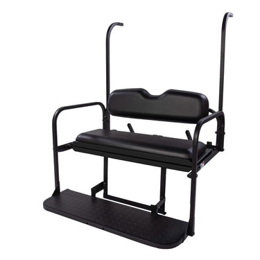 Yamaha Drive 2 black flip seat kit by Rainier Parts, designed for rear golf cart seat upgrade, with premium comfort and safety features.