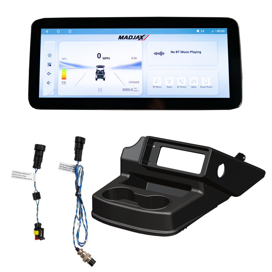 MadJax Kinect display screen kit for EZGO RXV golf cart, featuring bolt battery and Navitas TAC2 controller installation