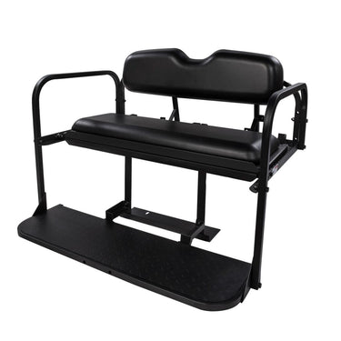 Yamaha Drive black golf cart rear flip seat kit by Rainier Parts, showing durable, comfortable seating with fold-down feature.