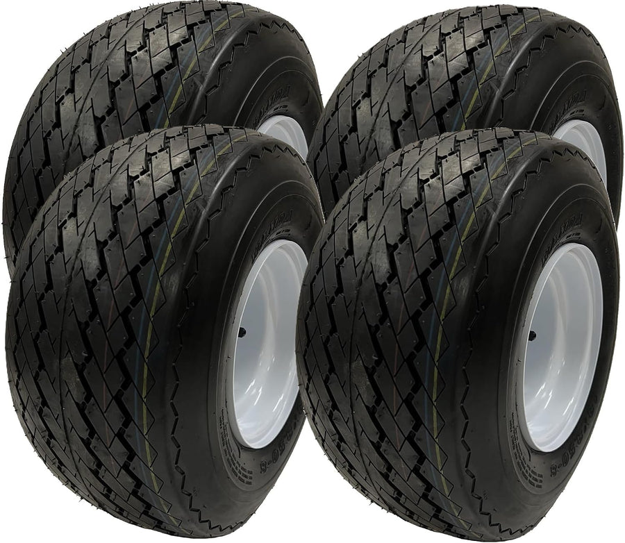 Set of four eCustomRim golf cart tire and wheel assemblies with 18x8.50-8 tires and 8-inch white rims, 4-lug pattern.