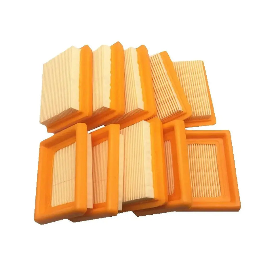 Rainier Parts Stihl FS120 FS200 FS250 FS300 FS350 FS400 FS450 air filter replacement showing new filter element with branding and packaging.