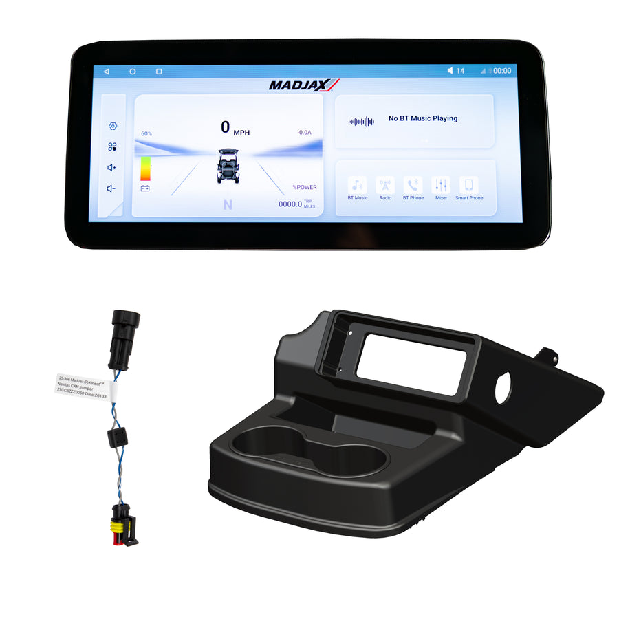MadJax Kinect display screen kit for EZGO RXV with lead acid battery and Navitas TAC2 controller, showing the installed screen.