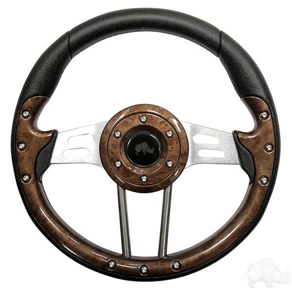Redhawk RHOX Aviator 4 woodgrain steering wheel with brushed aluminum spokes, 13-inch diameter, showcasing the detailed grip and finish.