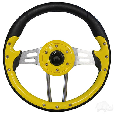 RHOX Aviator 4 Steering Wheel By Red Hawk 13 Inch Yellow Grip Brushed Aluminum Spokes For Car Enthusiasts - Rainier Parts