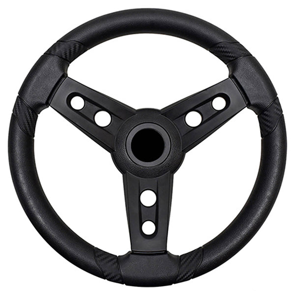 Black Lugana steering wheel by Redhawk for Club Car Tempo, Onward, and Precedent models with Precedent hub attachment.