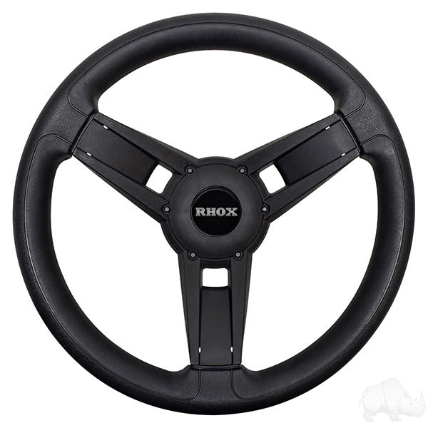 Black Giazza steering wheel by Redhawk for Club Car Tempo, Onward, and Precedent vehicles with Precedent hub, close-up view.