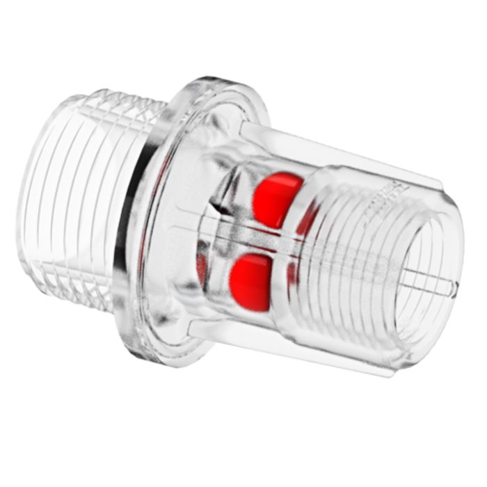 Flow-Rite flow indicator with 3/4-inch NPT and 3/8-inch FNPT connections, showing the metal body and threaded fittings.