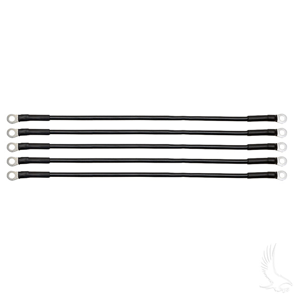 Black 16-inch 6-gauge battery cables from Redhawk, pack of five, showing heavy-duty copper wire with black insulation.