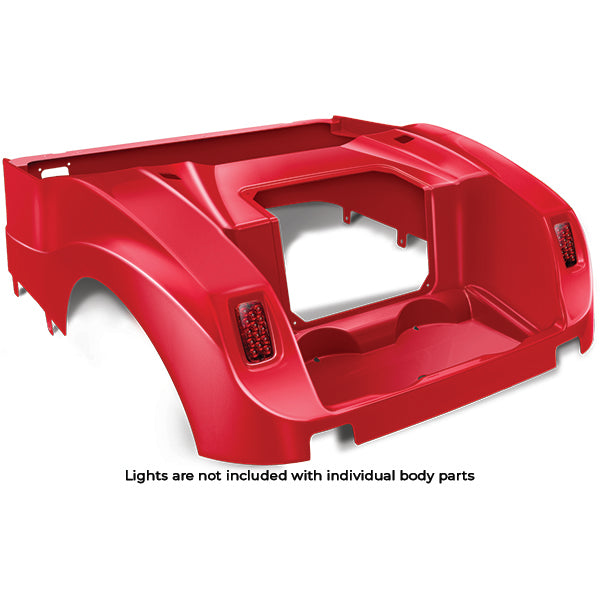Redhawk DoubleTake rear body for E-Z-Go RXV golf cart, red color, compatible with 2008-2023 models, shown from the side.