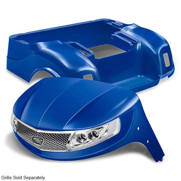Redhawk DoubleTake Phoenix body kit with blue finish and street legal LED lights installed on E-Z-Go TXT 96+ golf cart.