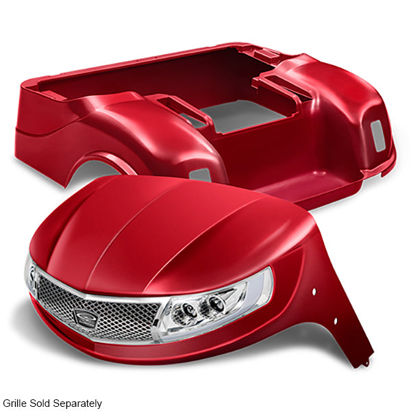 DoubleTake Phoenix body kit for EZGO TXT golf carts with Ruby LED lights, street legal, includes body panels and lighting components.