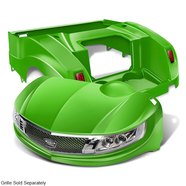 Redhawk DoubleTake Phoenix E-Z-Go RXV 08-22 body kit in lime with street legal light kit, showing front and side view.