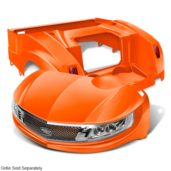 Redhawk DoubleTake Phoenix body kit with street legal light kit on orange E-Z-Go RXV golf cart, front and side view.
