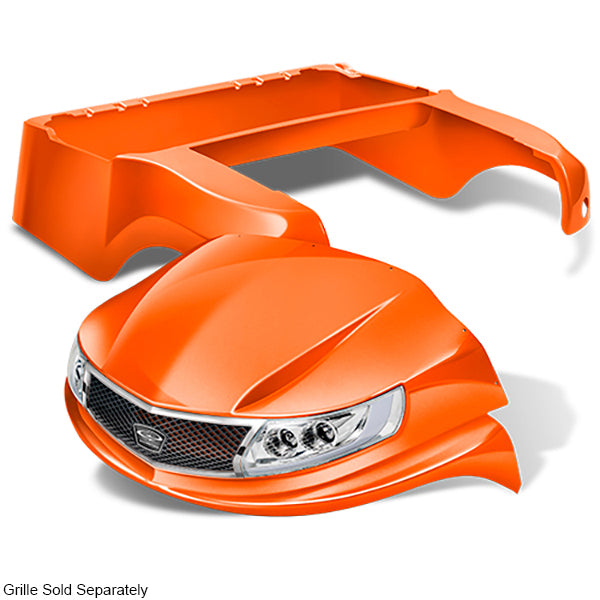 Redhawk DoubleTake Phoenix body kit with street legal lights installed on an orange Club Car Precedent 04+ golf cart.