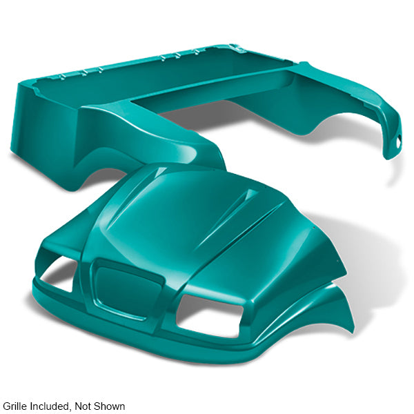 Redhawk DoubleTake Phantom body kit with grille in teal for Club Car Precedent 04+ golf cart, showcasing sleek, custom body styling.