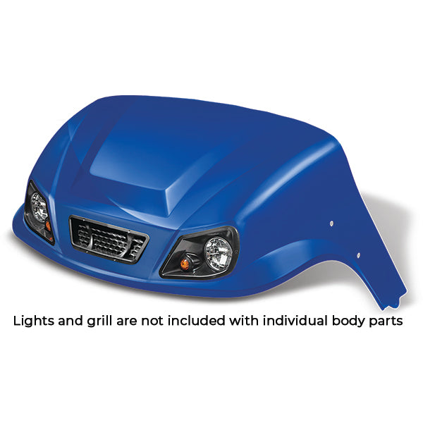 Redhawk DoubleTake Titan front cowl for E-Z-Go TXT 96+ golf cart in blue, showcasing its sleek design and durable construction.