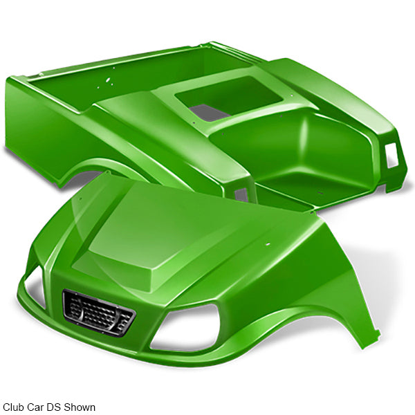 Redhawk DoubleTake Titan body kit with grille for E-Z-Go TXT 96+ in lime color, shown on a golf cart.