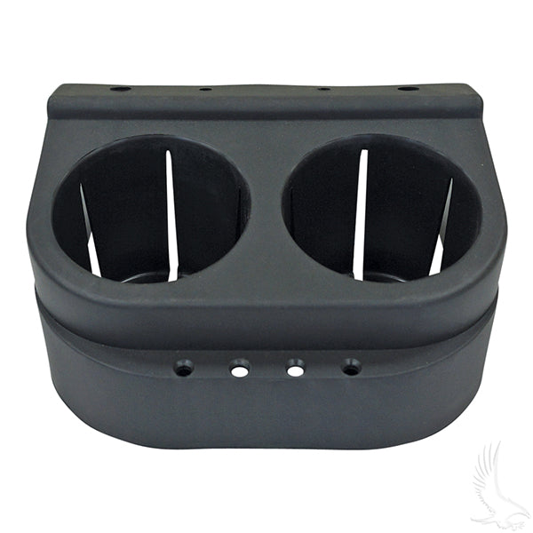 Redhawk cup holder for Club Car DS 93+ golf carts, durable black plastic design with secure mounting for convenient beverage placement