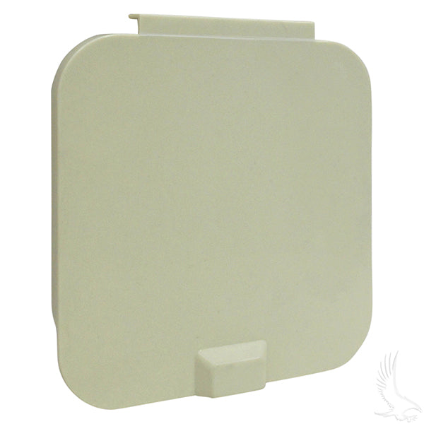 Redhawk fuel inlet cover for Yamaha G2-G9 golf carts, durable black plastic with secure fitting, shown on the golf cart.