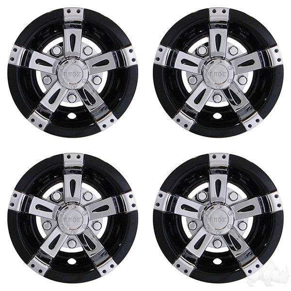 Set of four Redhawk RHOX 10-inch Vegas chrome and black wheel covers for a stylish, protective upgrade for vehicle wheels.