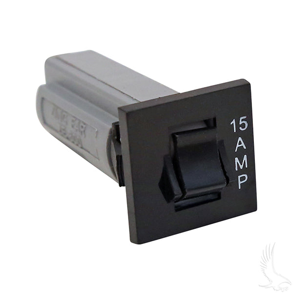 Redhawk 15 Amp circuit breaker with black and red switch and mounting terminals, designed for electrical panel safety.