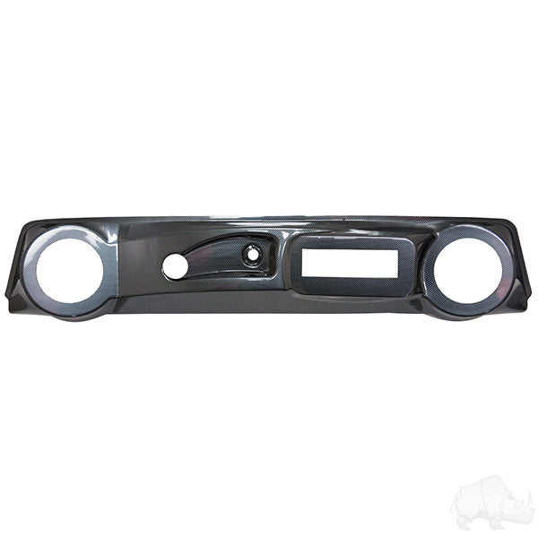 Redhawk Deluxe carbon fiber dash with radio and speaker cutout for Club Car DS golf cart, featuring sleek design and durable finish.
