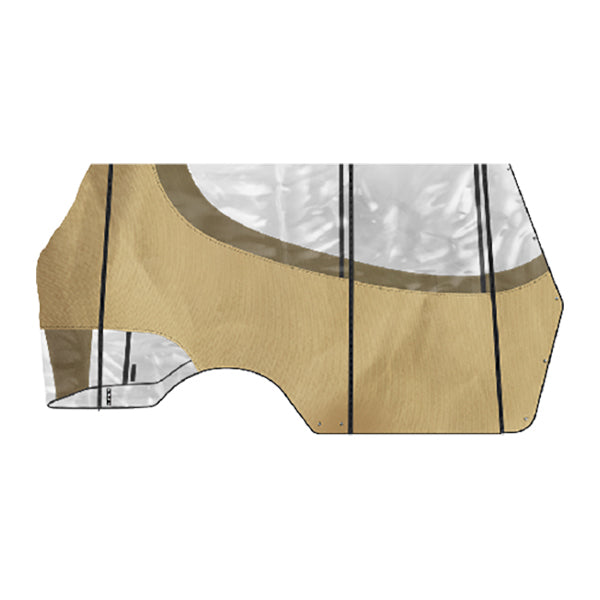 Redhawk DoubleTake enclosure and valance for Kwick-Track rail system on Club Car Precedent 04+ golf cart in sand color, with clear windows.