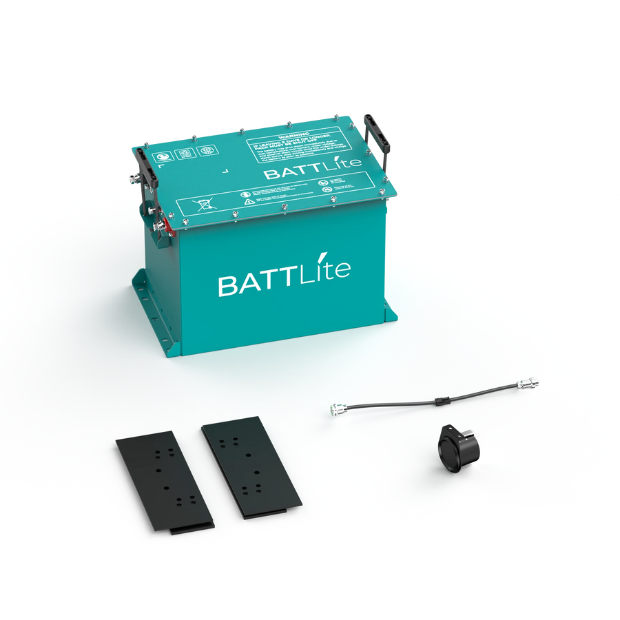 RoyPow BATTLite 51.2V 100Ah lithium battery upgrade kit for EZGO TXT golf carts with Bluetooth monitoring, featuring a mounting bracket.