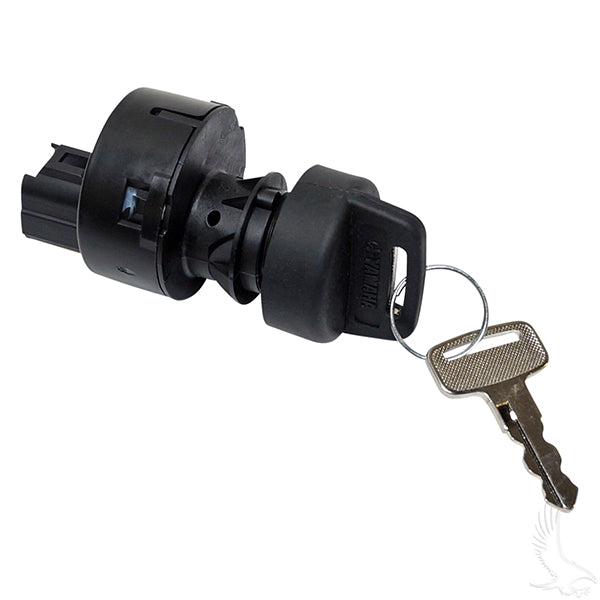 Redhawk Yamaha Drive2 key switch for Drive 07-16 and G22 05-07 golf carts, showing the black key switch with key inserted.