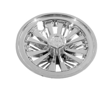 Rainier Parts 8-inch Medusa chrome golf cart wheel cover with detailed Medusa design, easy to install for golf enthusiasts.