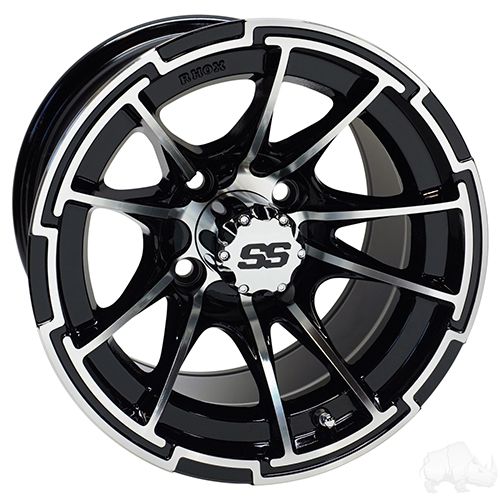 Redhawk RX393 golf cart wheel, 12x7 inch alloy with machined gloss black finish and ET25 offset, designed for high performance.