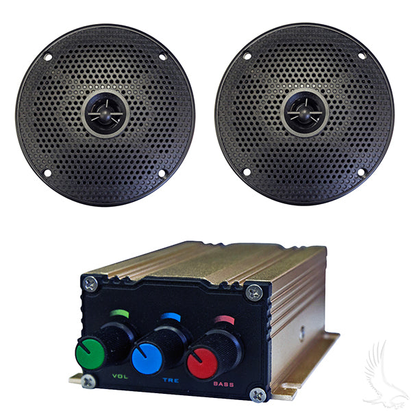 Redhawk Bluetooth audio package featuring a Bluetooth-enabled amplifier and 5-inch speaker set, ready for wireless sound connection.