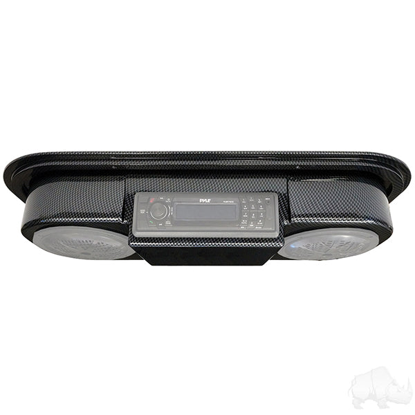 Redhawk carbon fiber radio console, universal fit, with sleek design and control panel for vehicle audio system installation.