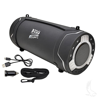 Red Hawk Rebel Tube Bluetooth speaker with LED lights, IPX5 water resistance, and FM/USB/SD functionality for outdoor use.