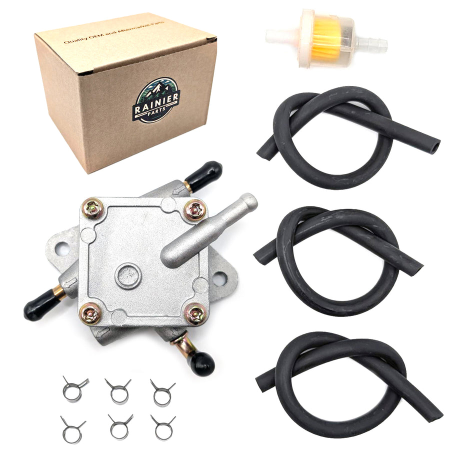 Rainier Parts dual outlet square fuel pump kit with hose, clamps, and fuel filter for Polaris 550 IQ Shift and Indy models.
